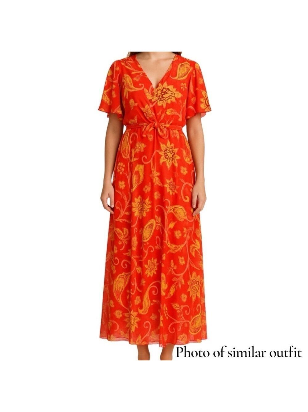 Carolina Belle Whimsical Maxi Dress Sz M Orange Floral Beachy Sundress Flutter